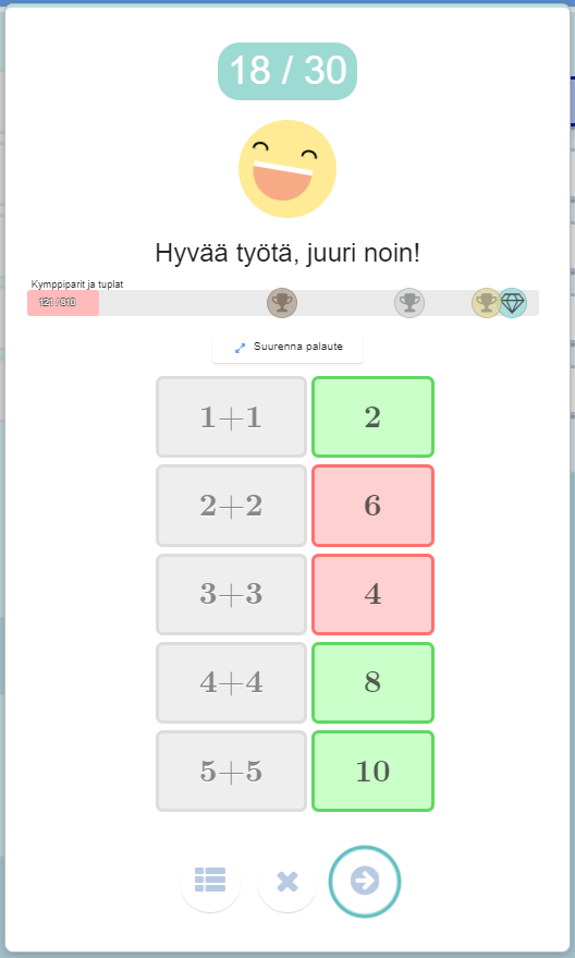 ViLLEn antama välitön palaute tehtävästä sisältää pisteet ja vastaukset.